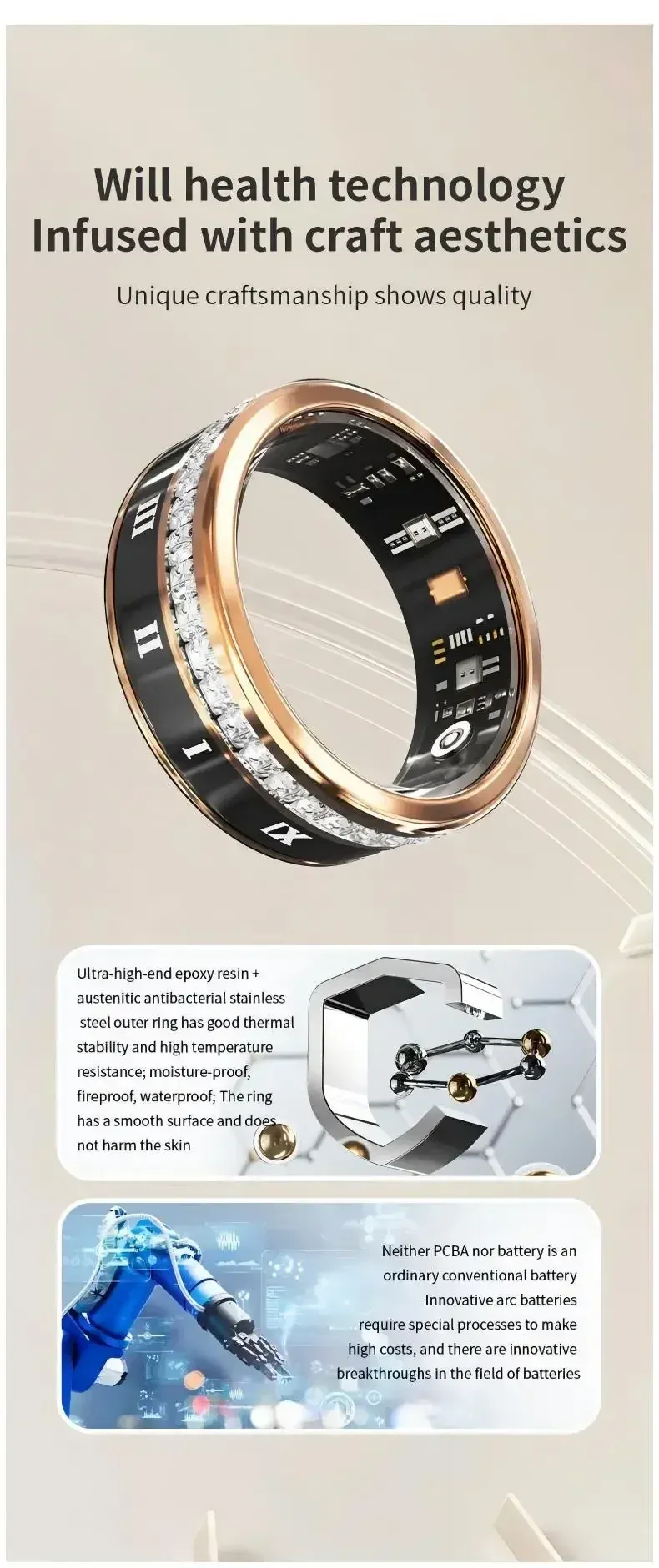 Diamant mit magnetischen Schnelllade-Smart-Ringen, Blutsauerstoff-/Herzfrequenz-/Schlafüberwachung, IP68 5ATM, Sport-GPS-Tracking-Ringe_voghion.com