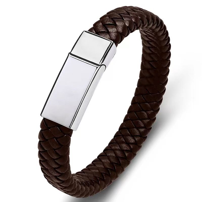 Men's DIY Engraved Leather Fashionable Bold Father's Day Stainless Steel Woven Bracelet Jewelry_voghion.com