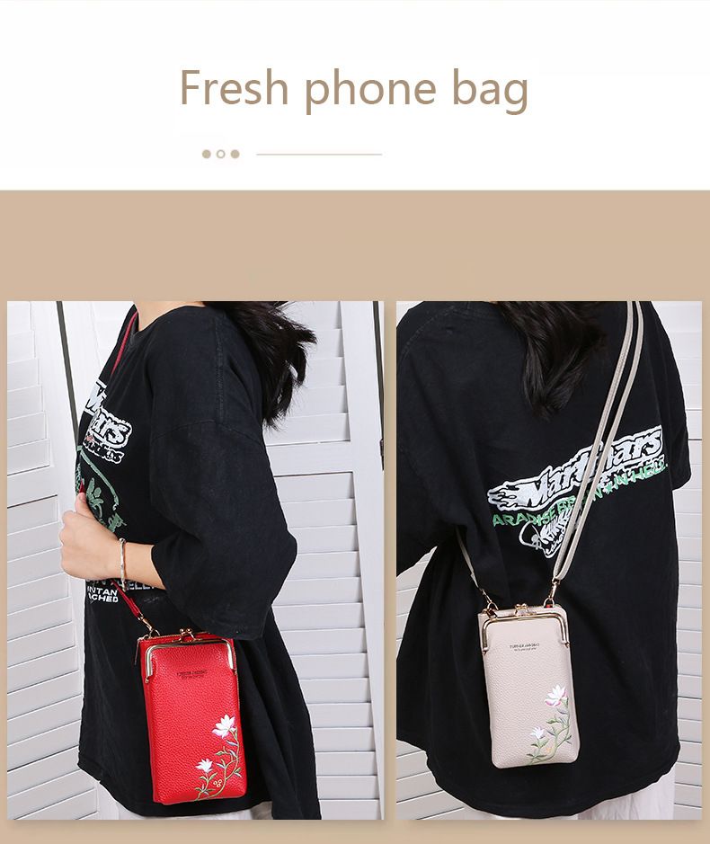 2024 New Women's Mobile Phone Bag Korean Edition Fashion Lychee Pattern Solid Color Embroidery Oblique Span Shoulder Bag_voghion.com