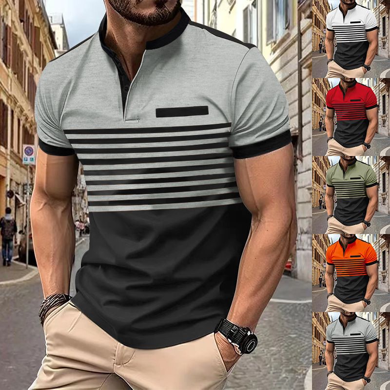 Polo da uomo a righe stampate con cerniera in saldo estivo 2024_voghion.com