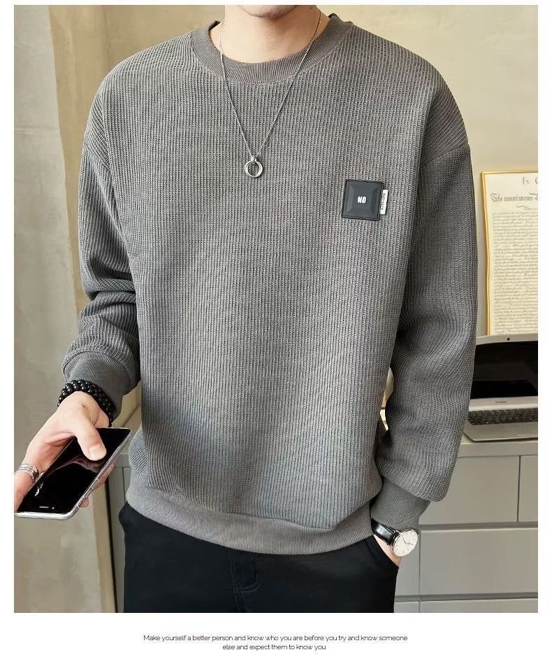Herrenbekleidung Waffelstrick-Sweatshirt mit Rundhalsausschnitt – Slim Fit, lässiges Pullover-Langarm-T-Shirt für Frühling und Herbst (Schwarz/Weiß/Dunkelgrau/Marineblau)_voghion.com