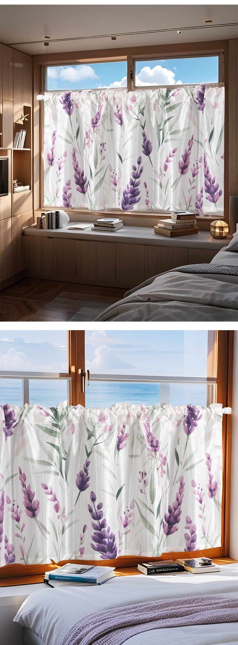 Polyestervorhang mit Lavendeldruck – Rustikaler Halbvorhang zum Binden für Fenster und Türen, 3 Größen (55"x24"/39"/63"), Stangentasche, Bauernhaus-Dekor_voghion.com