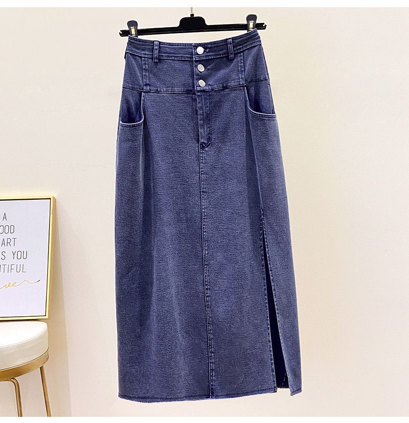 Stretchy High-Waist Split Hem Pencil Skirt For Plus Size Women - Cotton Blend Denim-Like Midi Skirt With Buttons (Black, Blue Floral)_voghion.com