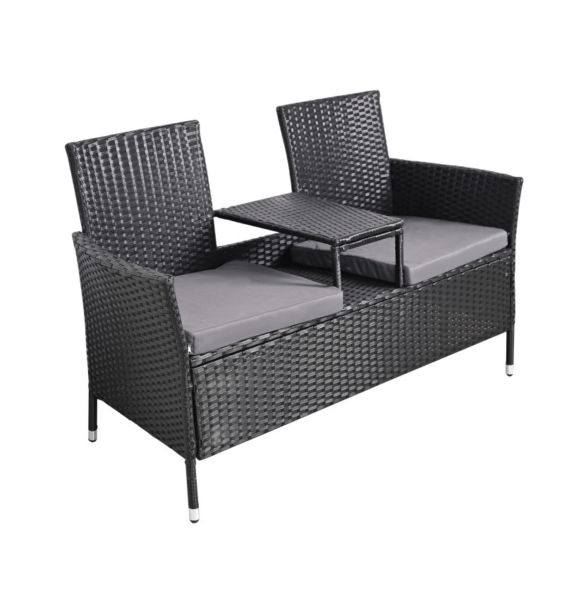Outdoor Loveseat, 2 Seat Loveseat With Cushions And Built-in Coffee Table, Bench For Balcony Furniture Sets Non-removable Back Without Glass( Backrest Of Integrated Piece )_voghion.com