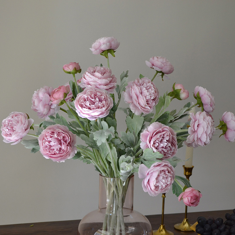 Wholesale artificial flowers with 3 heads of flocked Qianzi dew lotus camellia Lulianyang peony peony Nordic simple temperament artificial flowers_voghion.com