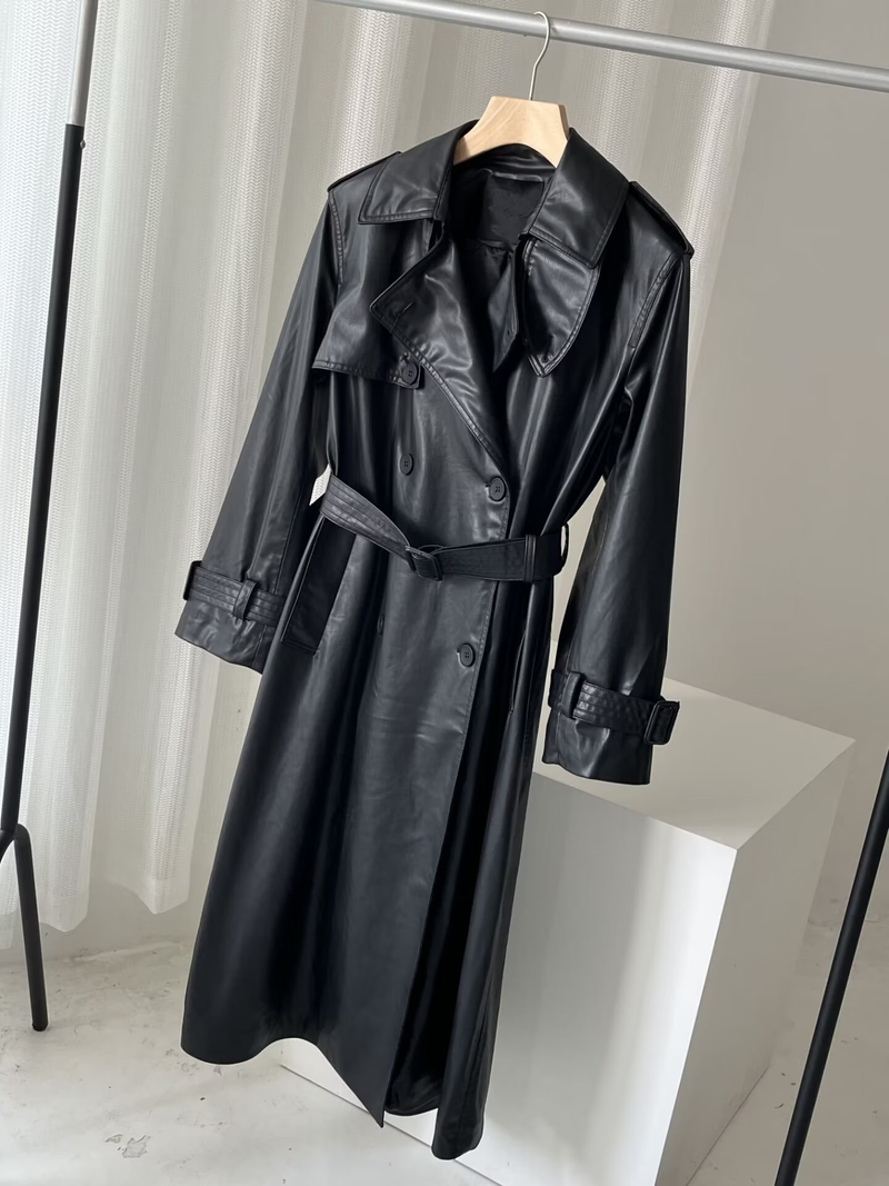 Damesmode lange trenchcoat van imitatieleer herfst losse lange trenchcoat met lange mouwen_voghion.com