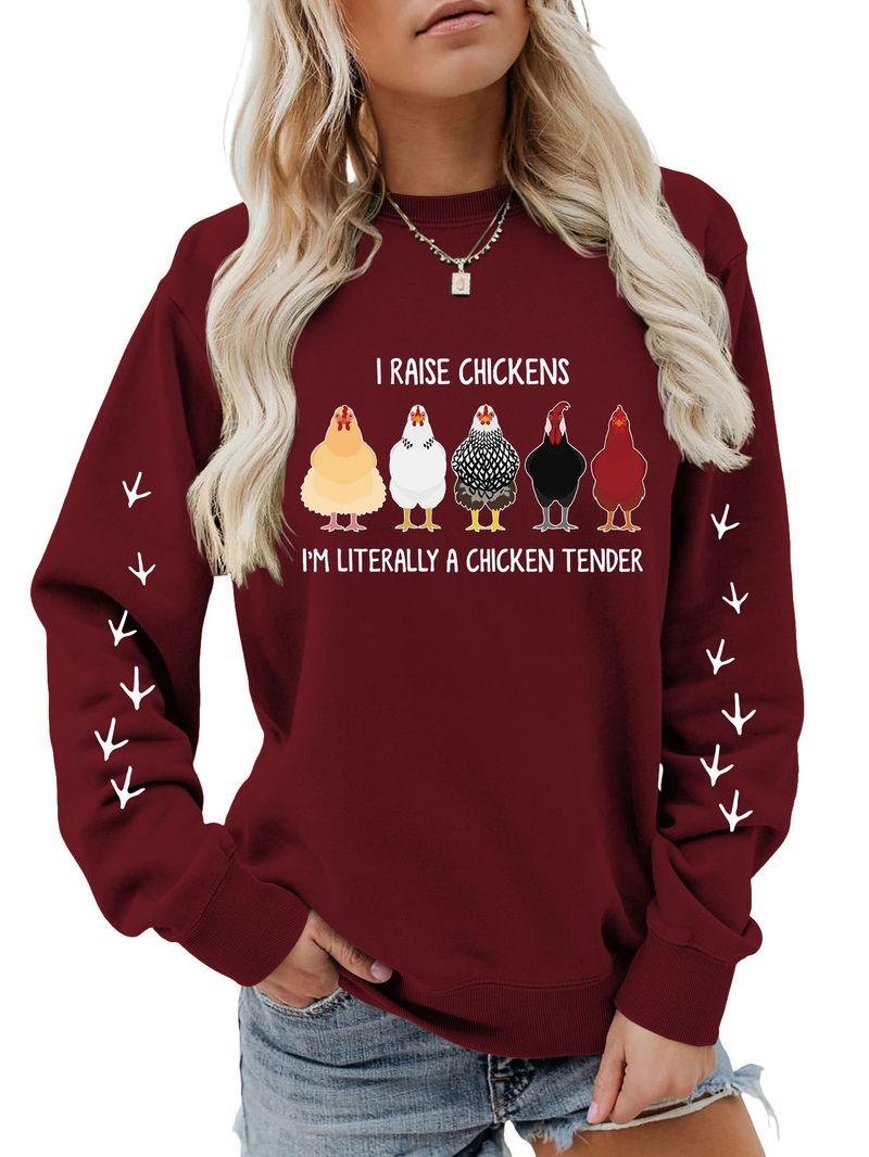 Felpa con stampa scozzese a maniche lunghe e girocollo, divertente e divertente, con scritta "I Raise Chickens" in autunno e inverno_voghion.com