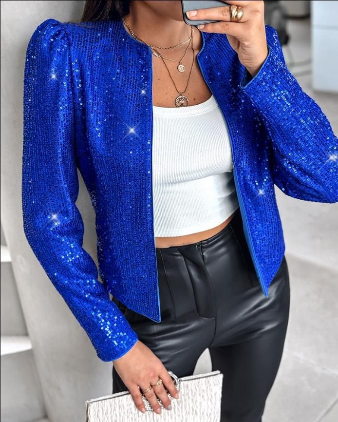 Women's Clothing fashion round neck color matching sequins short casual versatile small suit jacket_voghion.com