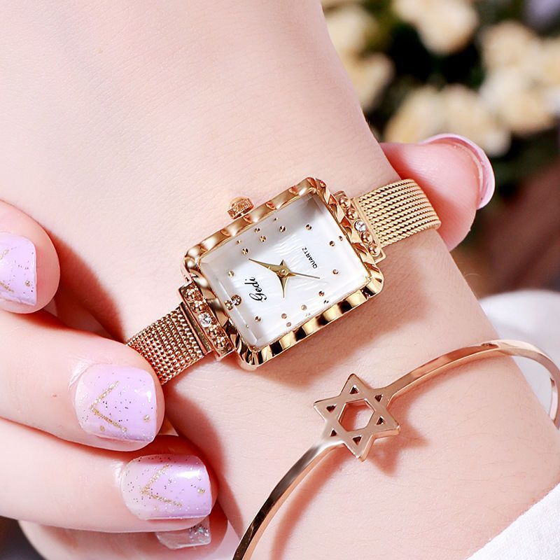 GEDI wasserdichte kleine Zifferblatt quadratische koreanische Version einfache Mode Damenuhr Edelstahl ESE Mesh-Armband_voghion.com