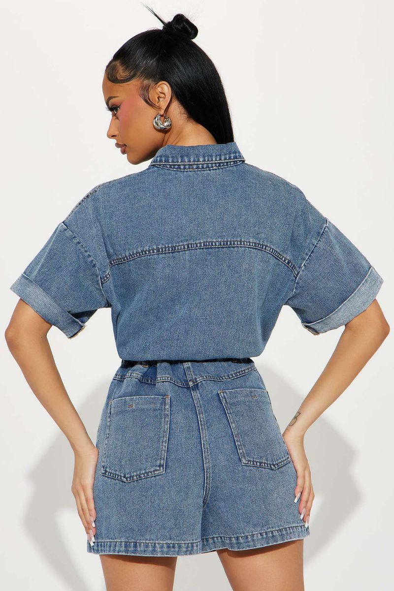 Salopetă din denim spălat, cu mânecă scurtă și elastică, lejeră, pentru femei_voghion.com