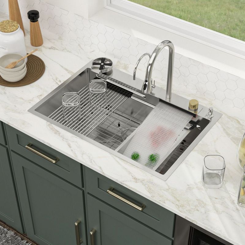 33in. *22in.*10in. Drop In 304 Stainless Steel Workstation Kitchen Sink With Dual Built-in Ledge, Top Mount Single Bowl Workstation Sink With Pull-Out Spray Head Faucet And Rainfall Faucet ,Cup Washer_voghion.com