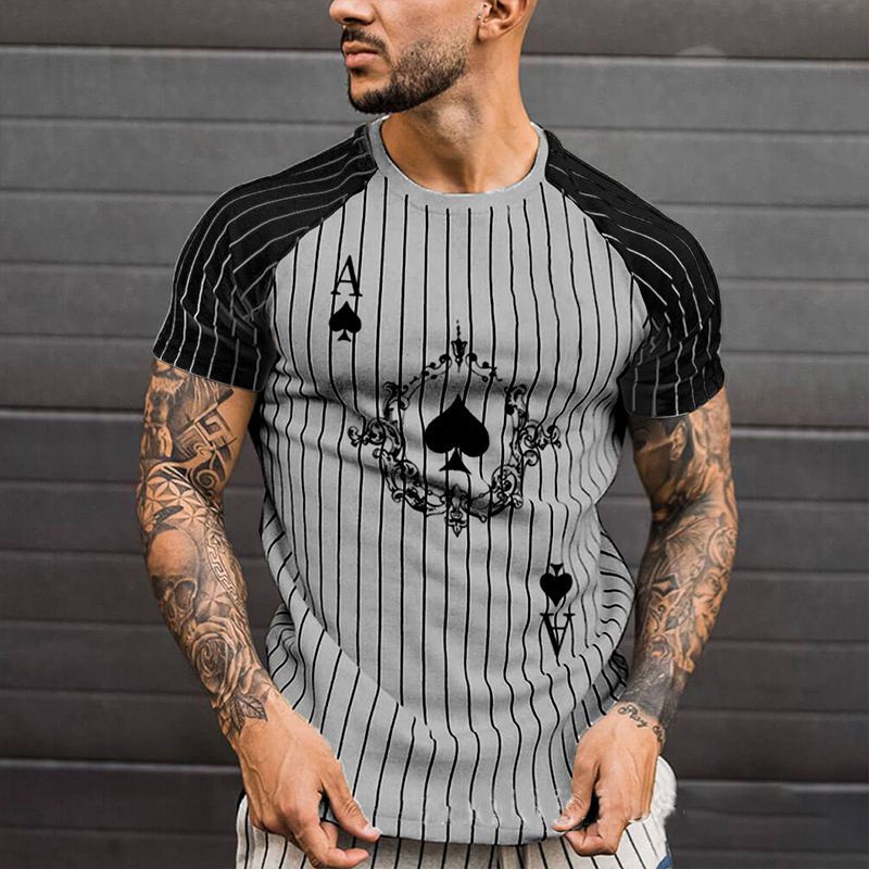 Maglietta leggera da uomo a maniche corte con scollo rotondo casual, a righe e stampa 3D, con asso di picche, estate 2024_voghion.com