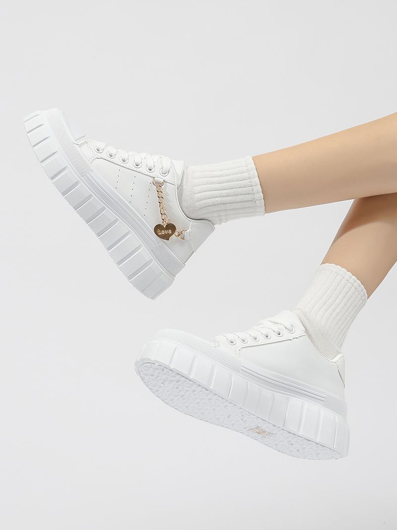 Chaussures pour femmes, nouvelles chaussures pour femmes de grande taille, semelle épaisse, chaussures de sport décontractées, chaussures plates blanches avec chaîne en métal pour femmes_voghion.com
