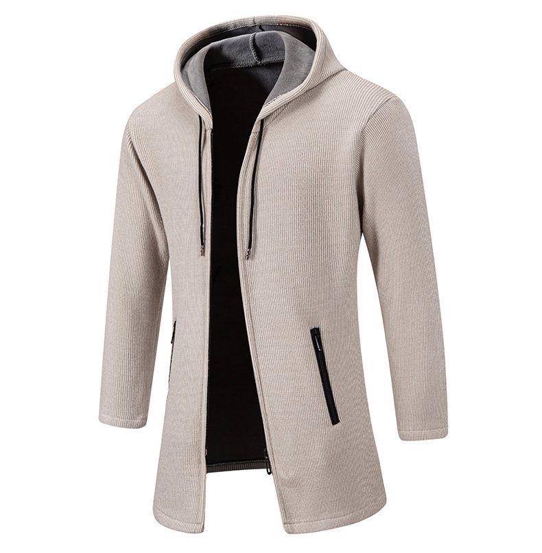 Men's Fleece-Lined Hooded Knit Jacket - Long Sleeve Casual Coat With Sherpa Collar, Slim Fit Mid-Length Cardigan For Winter & Urban Style_voghion.com