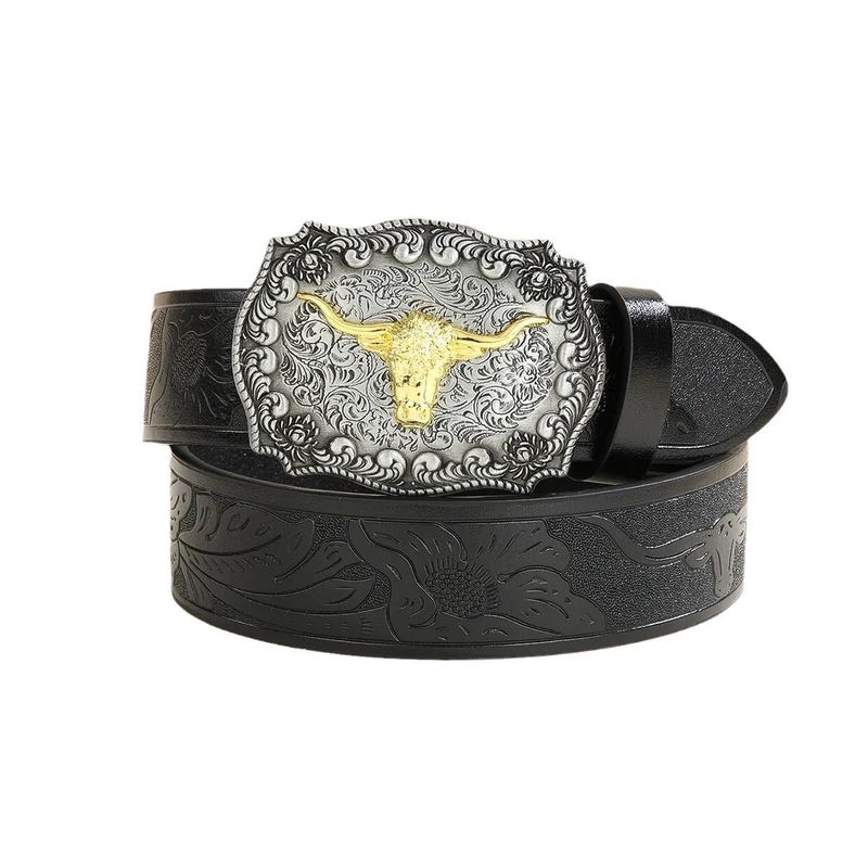 Western Versatile Bull Head Large Buckle Cowboy Carved Ethnic Style Men's Punk PU Leather Belt_voghion.com