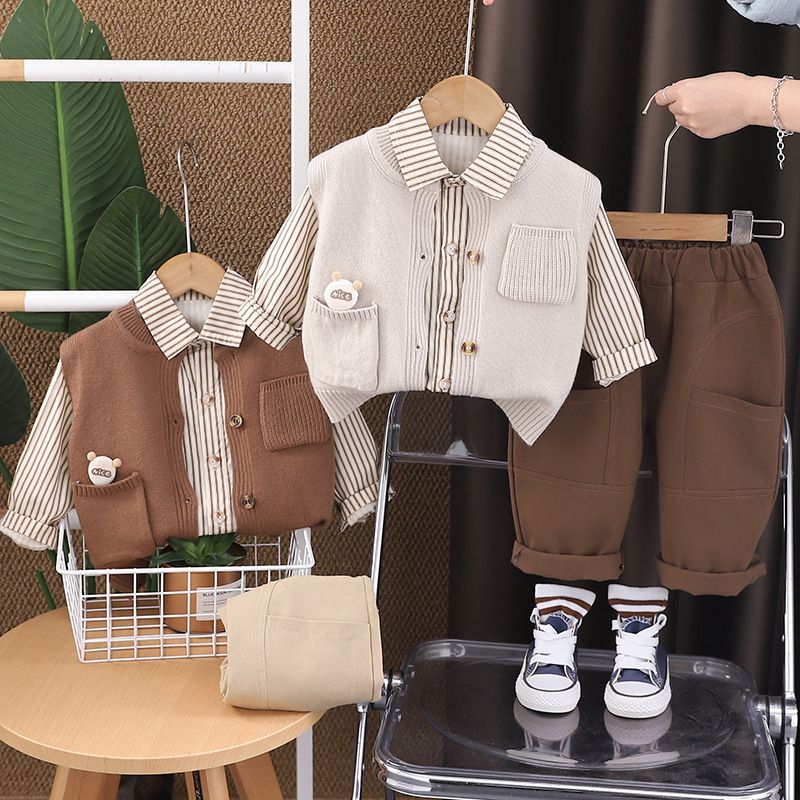 Boys' Spring Autumn Outfit New Autumn Sweater Vest Three Piece Set Baby Cool And Stylish Children's Clothing_voghion.com