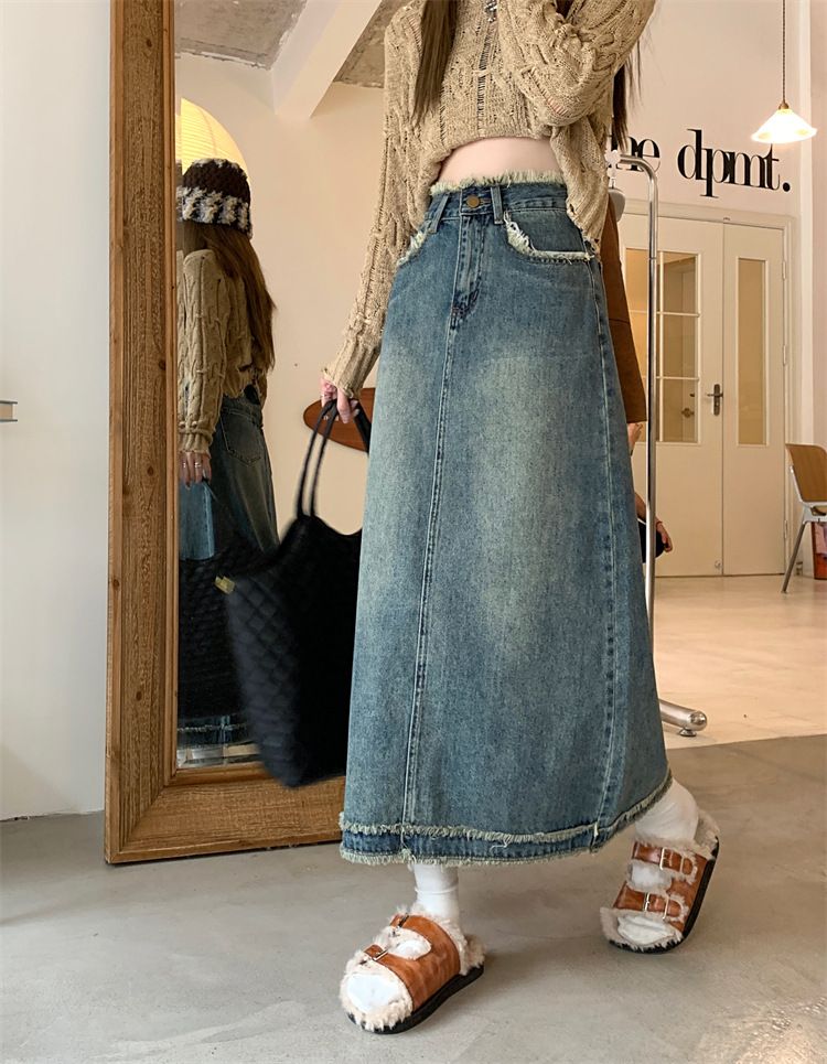 Fino Instagram Verão Cintura Alta Corpo Pequeno Denim A-line Design de Borda Desfiada Sensação Reta Tubo Envolto Quadril Comprimento Médio_voghion.com