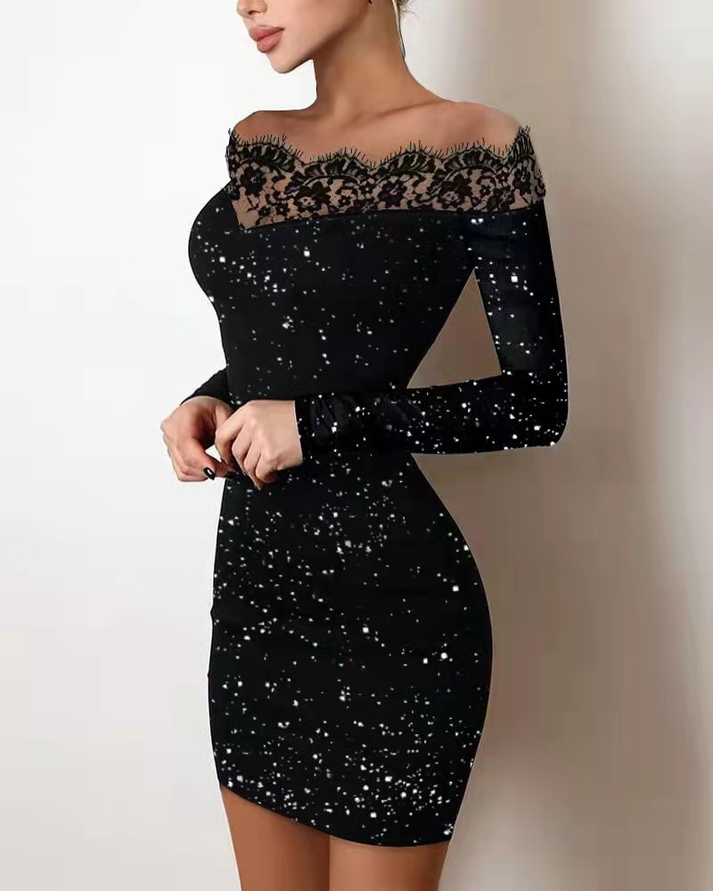 Women's Clothing Body Fitting Silver Shoulder Bag Hip Black Dress Evening Dress_voghion.com