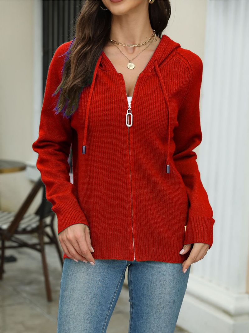 Cardigan in maglia con cappuccio e cerniera da donna - Maglione pullover in tinta unita con coulisse per autunno e inverno_voghion.com