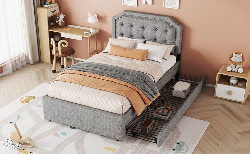 Flachbett 90x200cm, Gepolstert, Dekorative Nieten, Schubladen, Grau_voghion.com