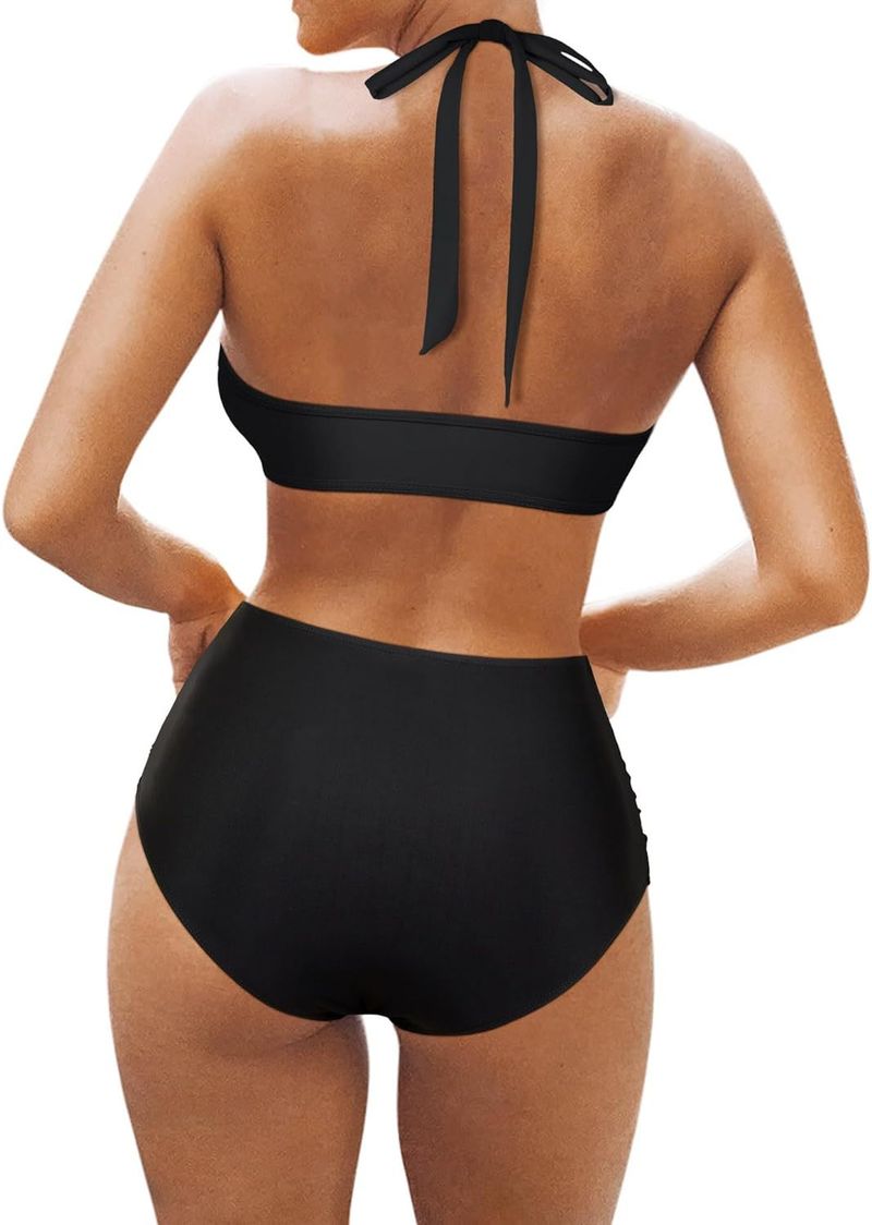 Maillot de bain une pièce sexy ajouré couleur unie, maillot de bain une pièce en maille épissée, taille haute, décolleté plongeant_voghion.com