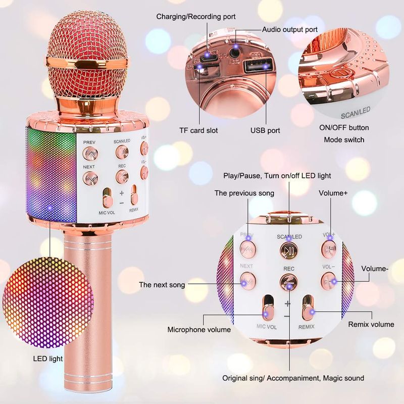 Belaidis karaoke mikrofonas „Bluetooth“ nešiojamas garsiakalbis namams KTV grotuvas su šokančiomis LED lemputėmis, įrašymo funkcija vaikams_voghion.com