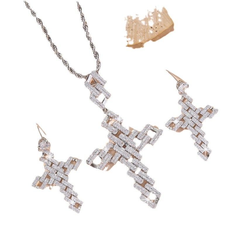 Ins Style Neue kubanische Kette Kreuz Anhänger Ohrringe Persönlichkeit Trendy Herren Halskette Hip Hop Zubehör_voghion.com