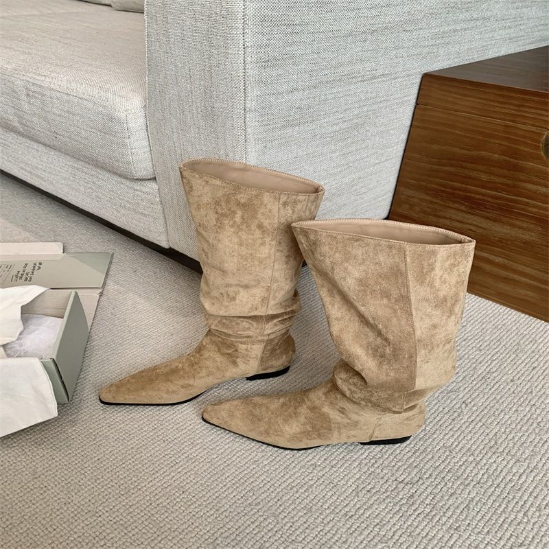 ShoeGlobe Autumn Winter New Square Toe Flat Slip-On Suede Khaki Long Women's Riding Boots_voghion.com