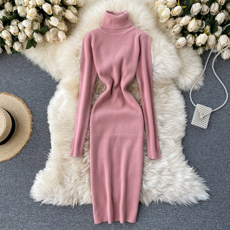 Abito da donna semplice in tinta unita con temperamento, collo alto, sottile lavorato a maglia, autunno e inverno, nuova calda gonna con base interna_voghion.com