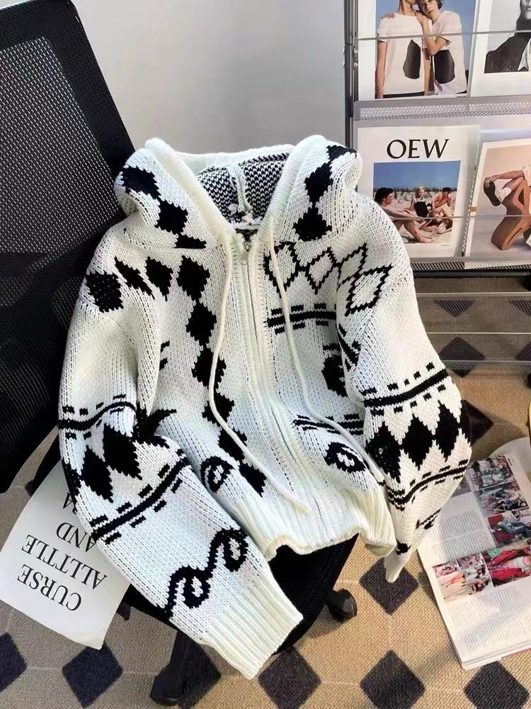 ragazza ragazza ragazza 2025 autunno inverno retrò jacquard color-block maglione con cappuccio cappotto per le donne, stile pigro cerniera allentata maglia cardigan,_voghion.com