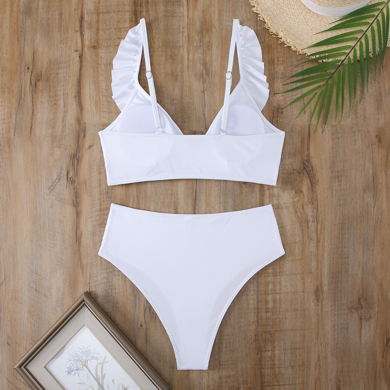 Maillot de bain bikini rayé taille haute à volants et col en V pour femme, nouveauté 2025_voghion.com