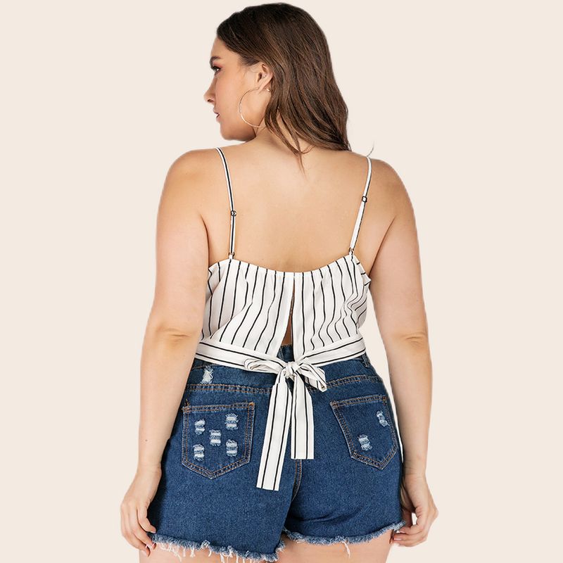 2023 Summer New Large Women's Black and White Stripe Bra Off Shoulder Sling Casual Tank Top JR327_voghion.com