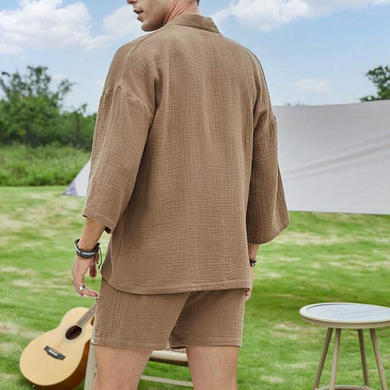 CT And Two-Piece Set New Loose Three-Quarter Sleeve Shirt Slim Fit Casual Shorts Men's_voghion.com