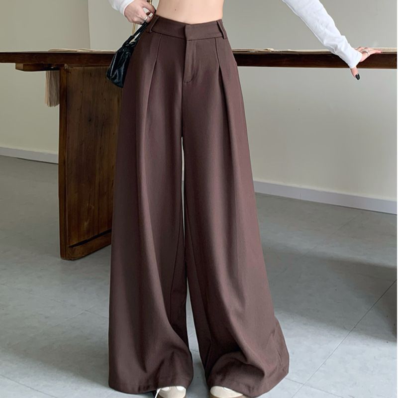 Women's Clothing High Waisted Wide Leg Pants For Women - Loose Fit Office Trousers With Elastic Waist | Flowy Dress Pants Black/Grey/Brown (S-XXL)_voghion.com