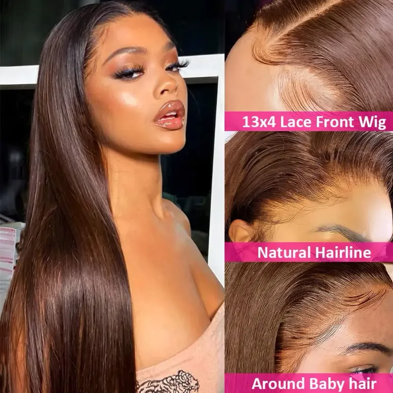 13x4 Chocolate Brown Lace Front Wigs Human Hair with Baby Hair Straight_voghion.com
