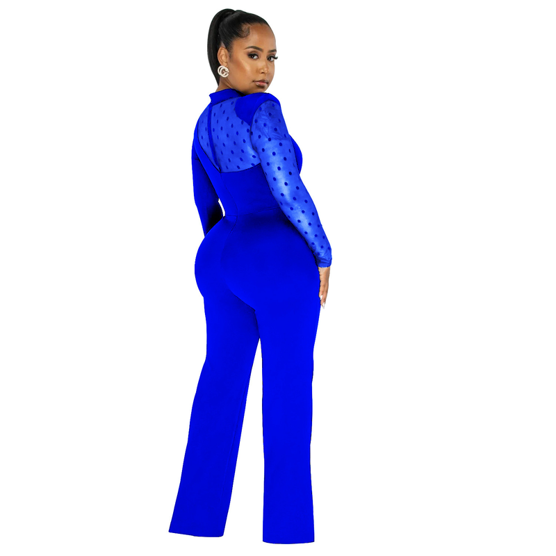 Women's Clothing fashion women's polka dot mesh see-through long-sleeved trousers solid color jumpsuit_voghion.com