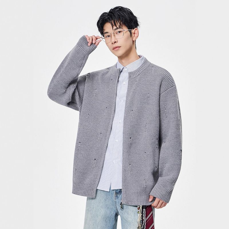 Graue Strickjacke, Herbst, Unisex, lässiger Stil, zerrissen, mit Cut-Outs, überschnittenen Schultern, lässige Langarmjacke_voghion.com