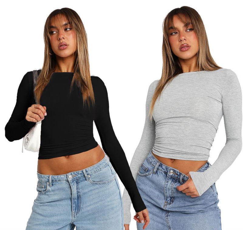 Women's Casual Long Sleeve T-Shirt Set – Slim Fit Round Neck Basic Tee (2-Pack) – Soft Polyester Spandex Blend For Everyday Comfort_voghion.com