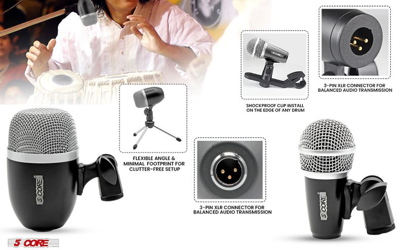 5 CORE Tabla Mic XLR Wired Uni Directional Snare Tom Kick Instrument Microphone with Dynamic Moving Coil Swivel Mount Steel Mesh Grille Included Mini _voghion.com