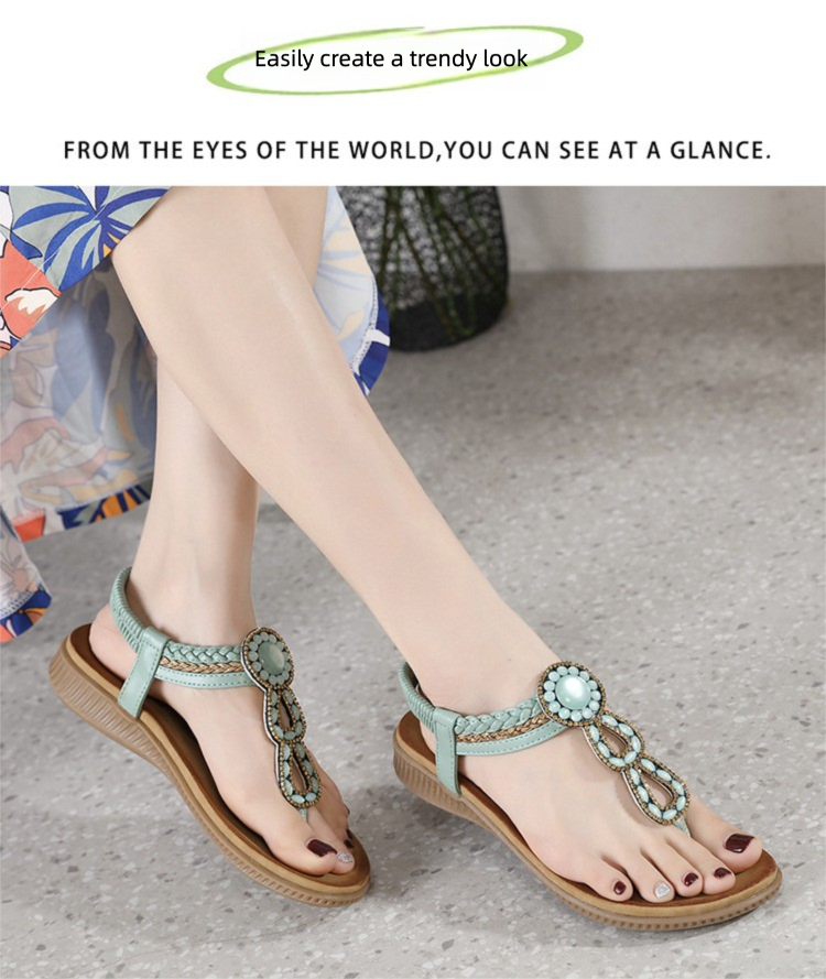 2025 New Style Sandals Bohemian Rhinestone Comfortable Round Toe Beach Vacation Large Size Flat Shoes_voghion.com