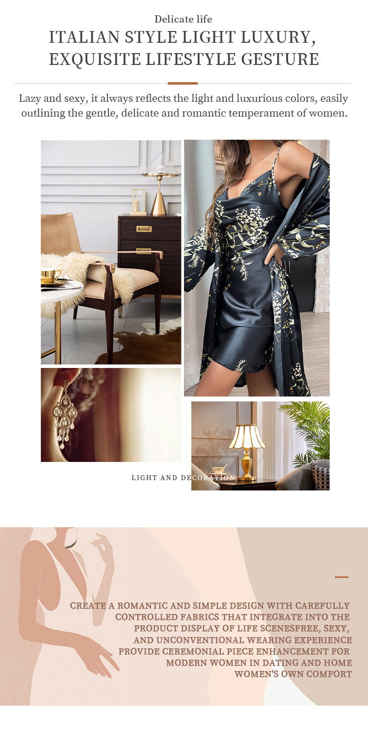 Women's lace-up nightgown and nightgown two-piece set thin outer wear mid-length pajama set_voghion.com