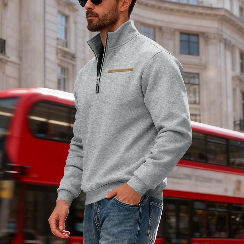 Felpa invernale da uomo con mezza zip, foderata in pile, pesante, con collo alto e finiture a contrasto, abbigliamento sportivo per esterni_voghion.com