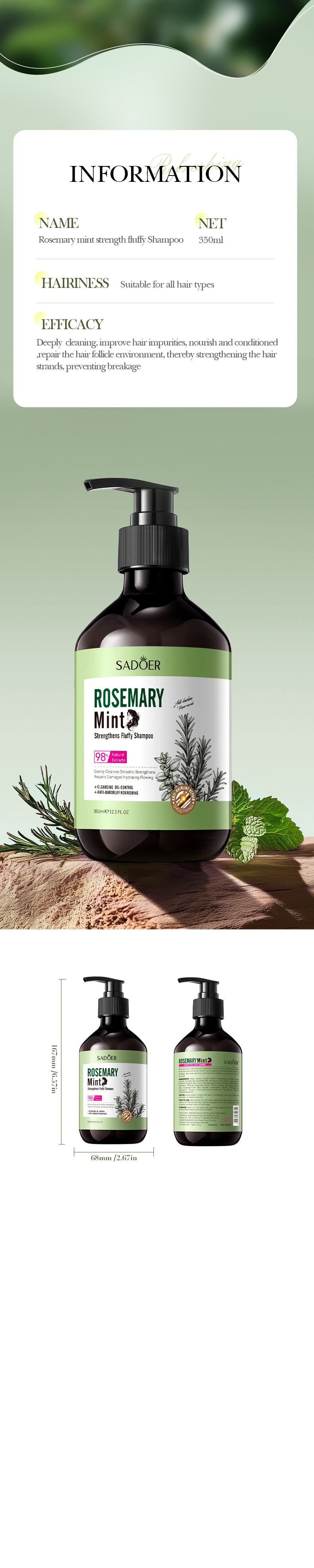 SADOER Peppermint Rosemary Strengthening And Volumizing Shampoo 350ml, Improve Hair Impurities_voghion.com