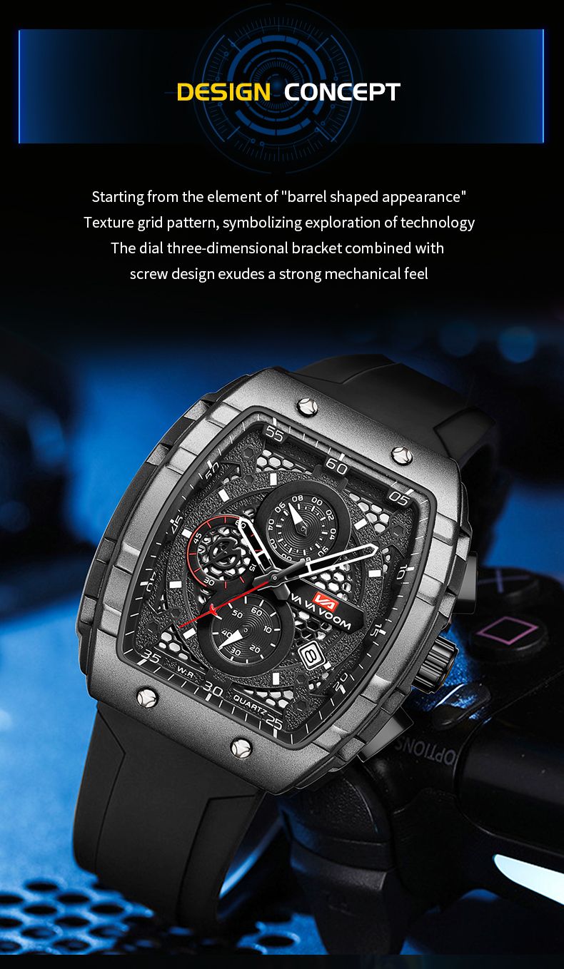 Men Watch With 47mm Large Dial Timing Multifunctional Clock Fashionable Silicone Strap Military Sports Watch For Men_voghion.com