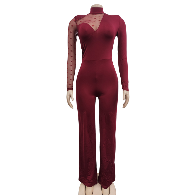 Women's Clothing fashion women's polka dot mesh see-through long-sleeved trousers solid color jumpsuit_voghion.com