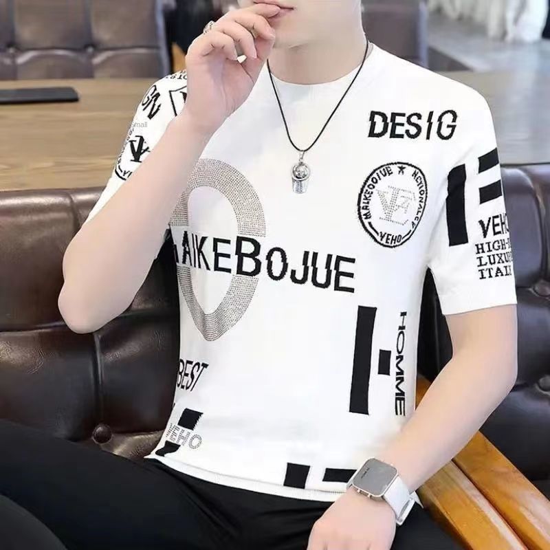Men's Summer 2023 New Ice Silk Short-sleeved T-shirt Fashionable Brand Fashionable Half-sleeved T-shirt Loose Round Neck Top Clothes for Men_voghion.com