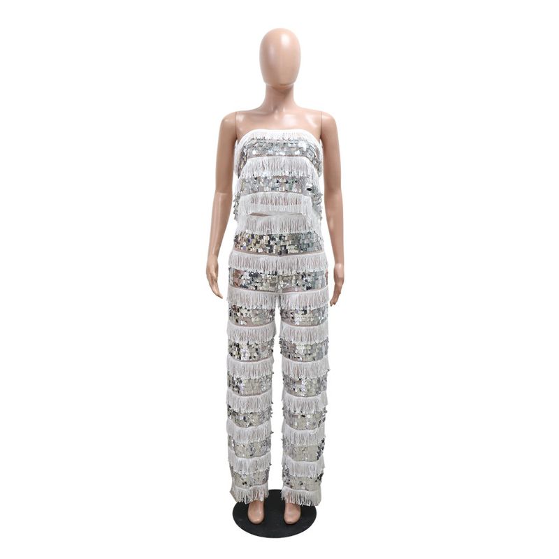 Conjunto de top corto sin tirantes y pantalón ancho: un conjunto sexy y chic de dos piezas para mujer_voghion.com