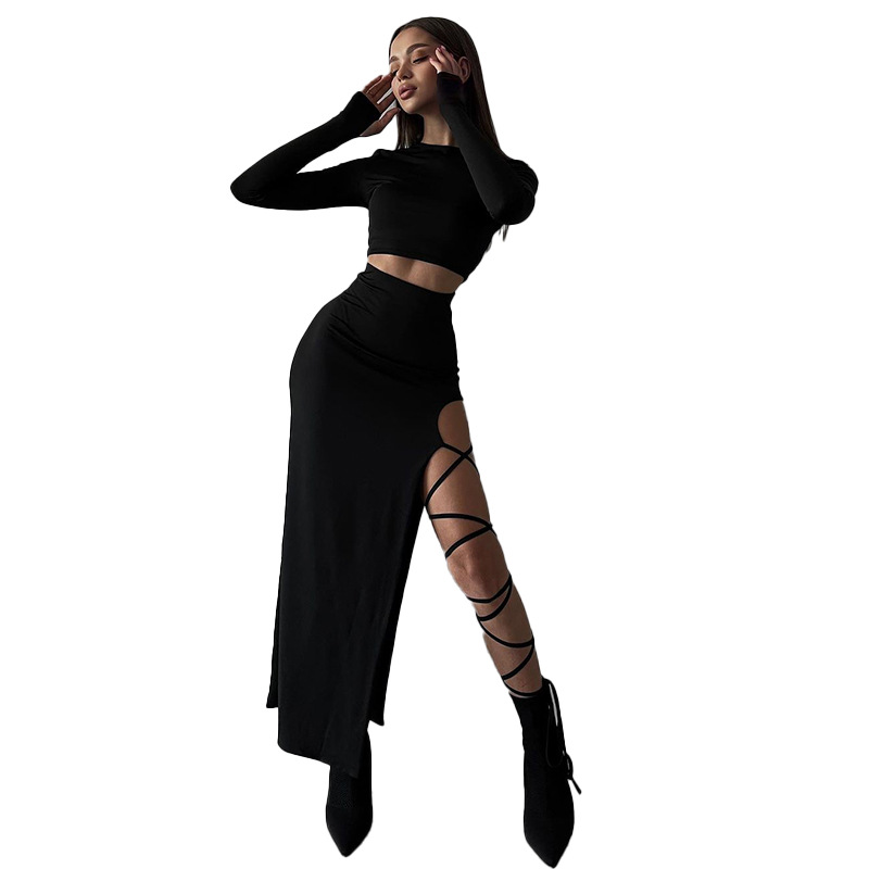 Terno feminino de cor sólida, manga comprida, top curto curto, cintura alta, sexy, com cadarço, saia com fenda_voghion.com
