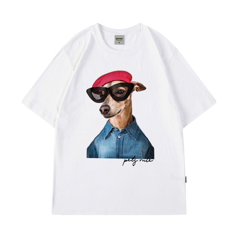 T-shirt à manches courtes pour homme, grande taille, motif dessin animé, lunettes de soleil, chien, style hip-hop décontracté, col rond, manches mi-longues_voghion.com