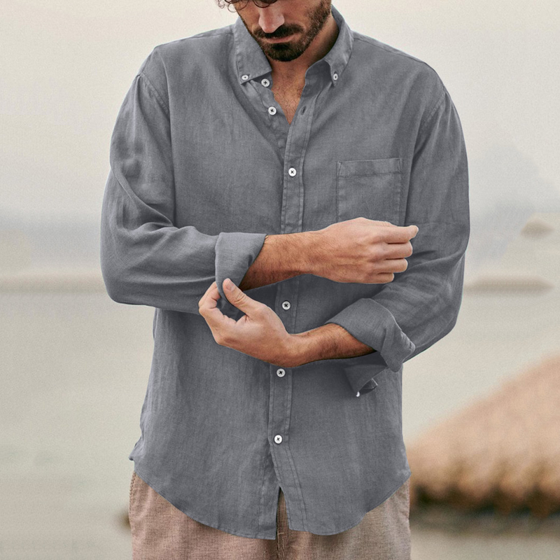 Neues Langarm-Leinenhemd für Herren mit Stehkragen, lässiges, leichtes Herrenhemd, atmungsaktives T-Shirt mit Hawaii-Knopfleiste_voghion.com